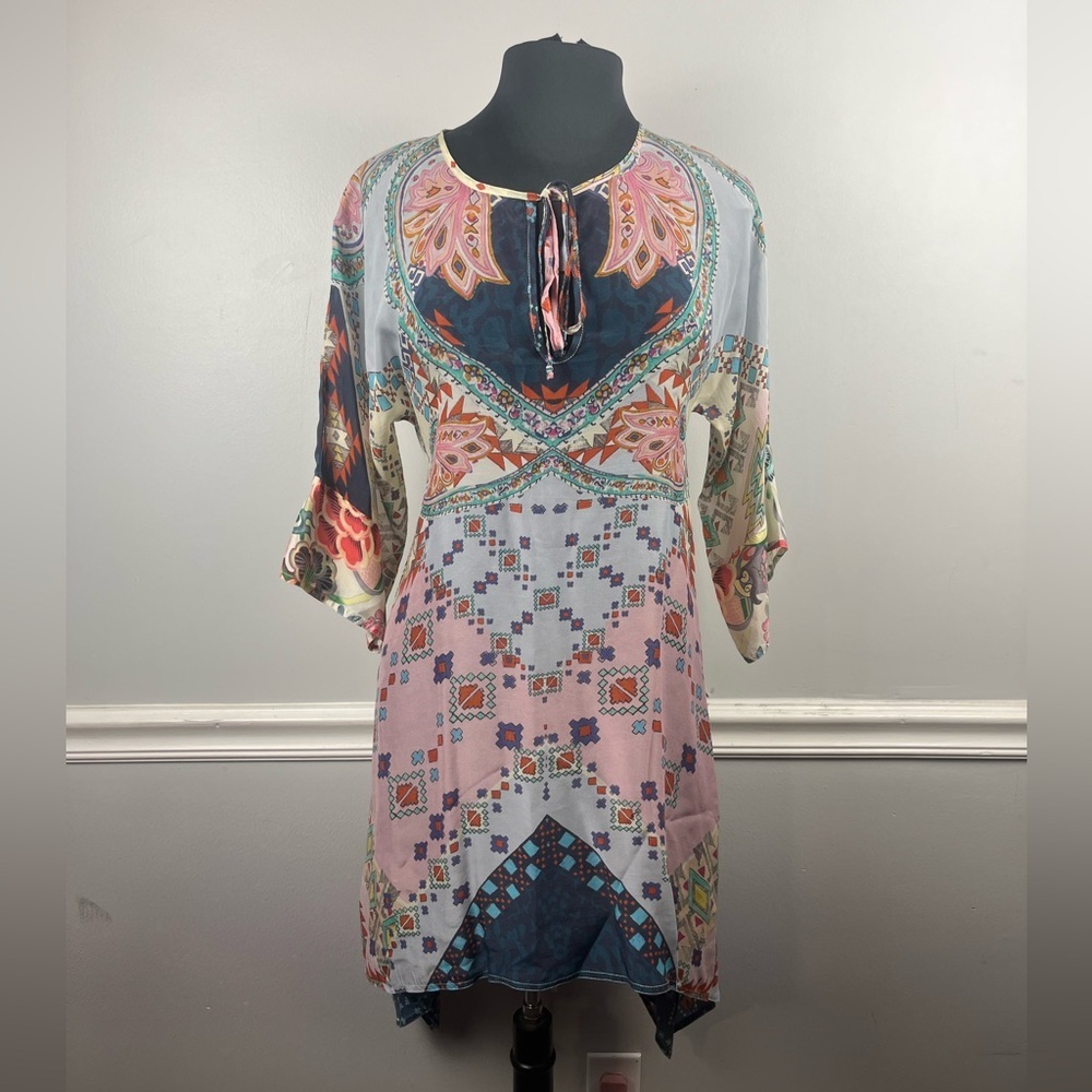 Johnny Was multi color tunic sheer tie blouse size XS